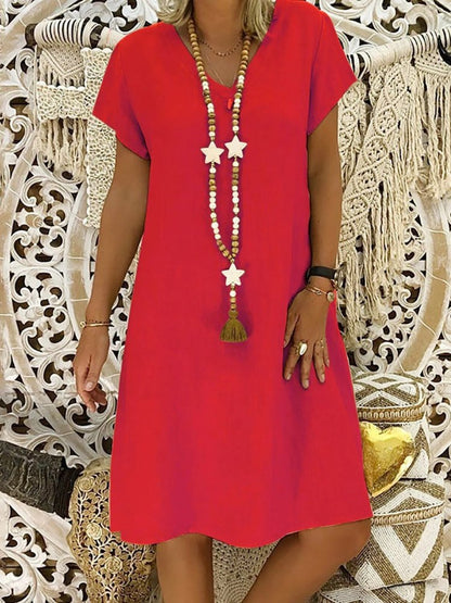 Dames Midi Jurk Korte Mouw met V-hals en A-lijn Oversized Rood