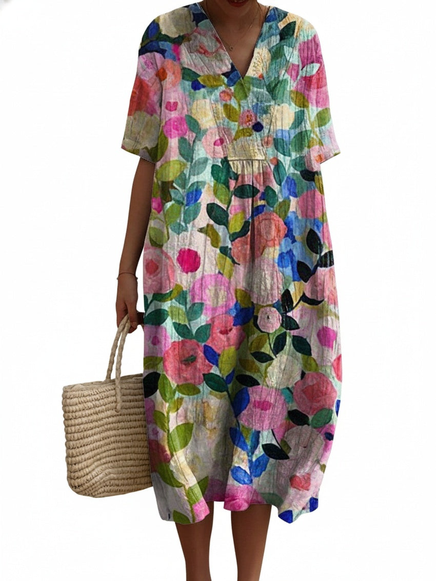 Dames Midi Jurk Korte Mouw met V-hals en Bloemenprint