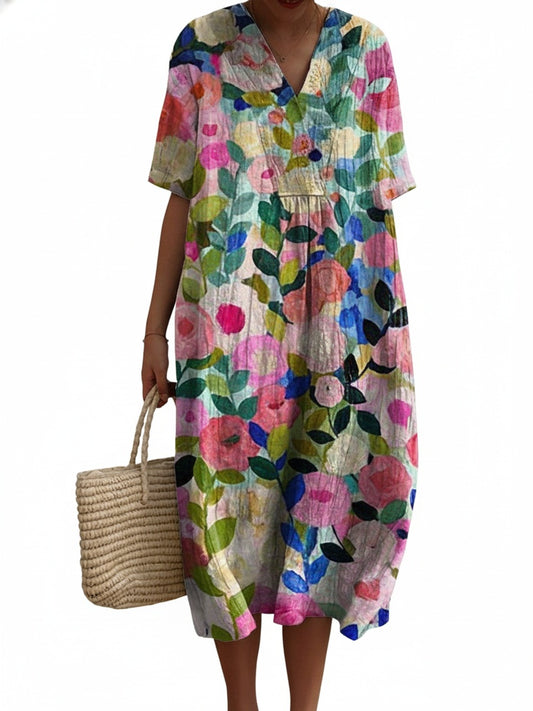 Dames Midi Jurk Korte Mouw met V-hals en Bloemenprint