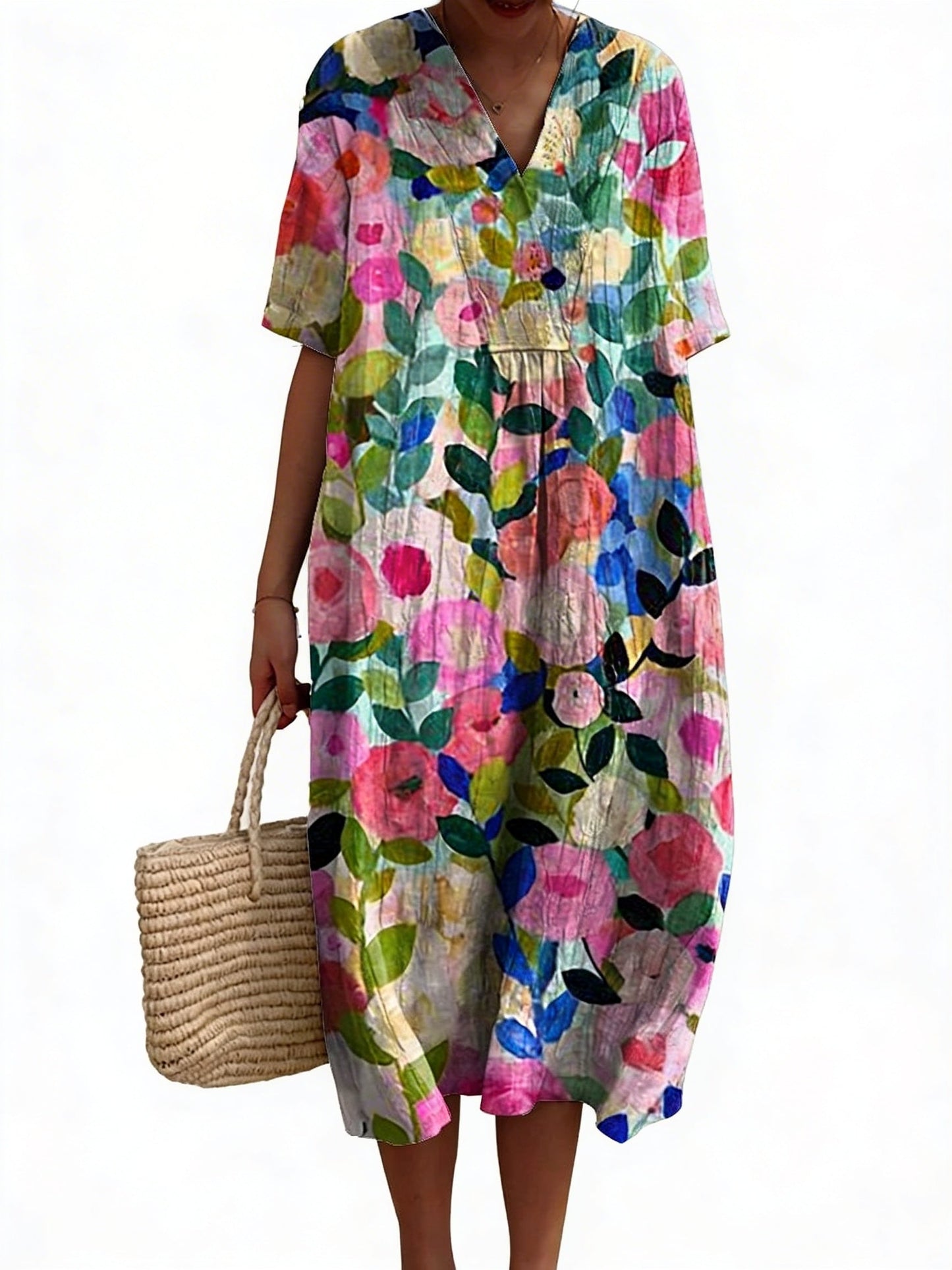 Dames Midi Jurk Korte Mouw met V-hals en Bloemenprint