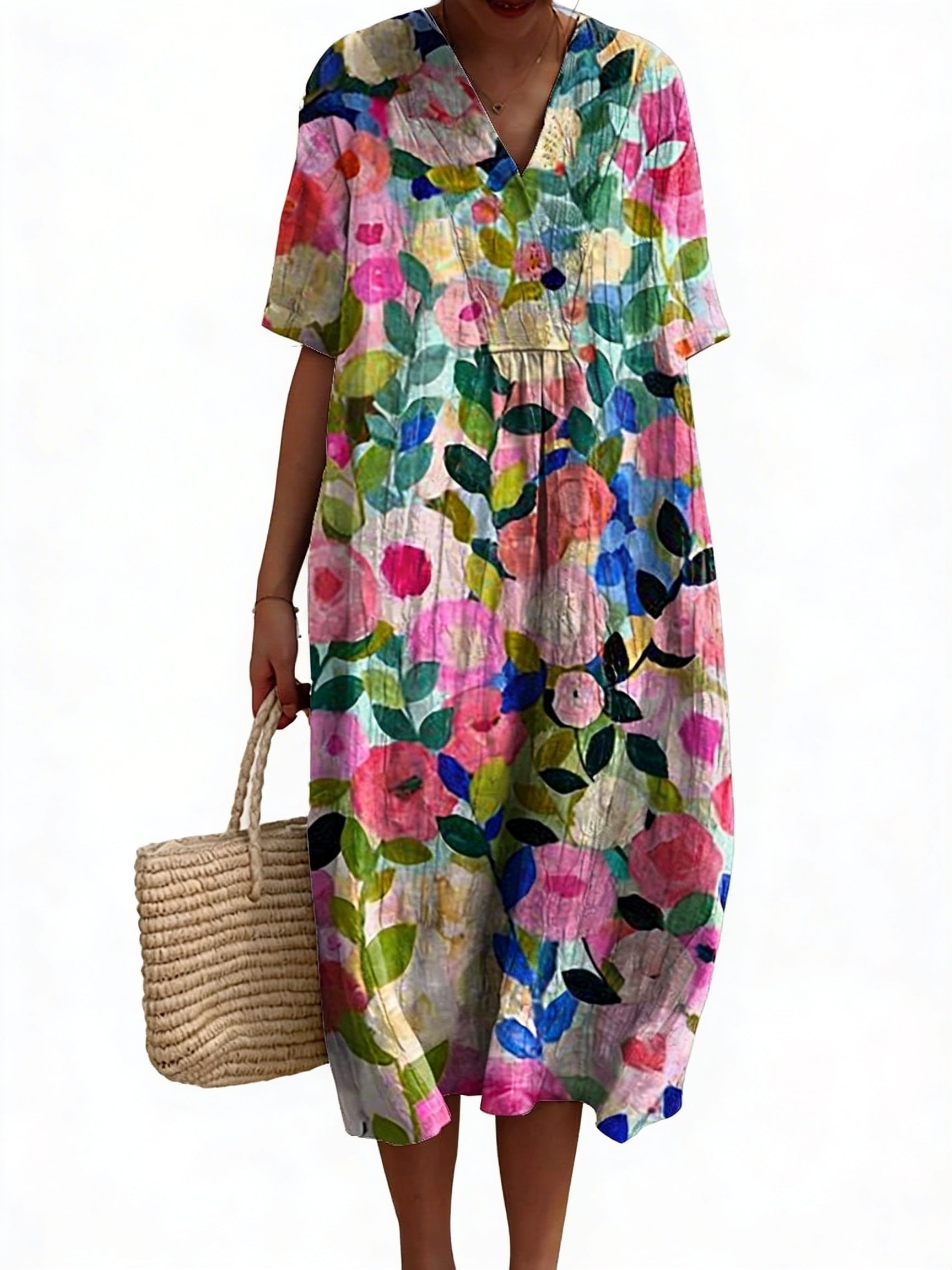 Dames Midi Jurk Korte Mouw met V-hals en Bloemenprint