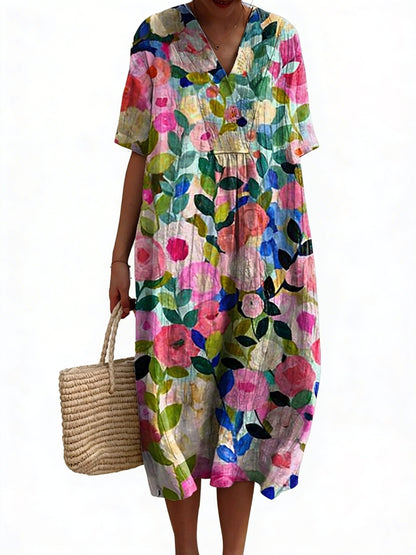 Dames Midi Jurk Korte Mouw met V-hals en Bloemenprint
