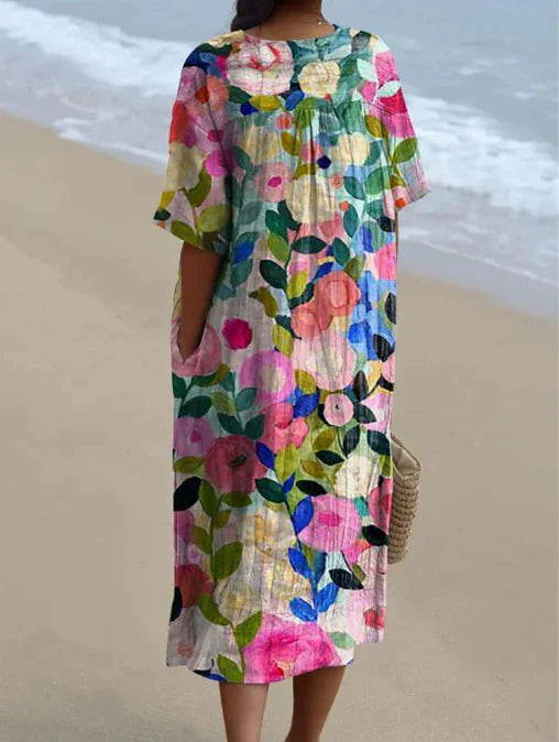 Dames Midi Jurk Korte Mouw met V-hals en Bloemenprint