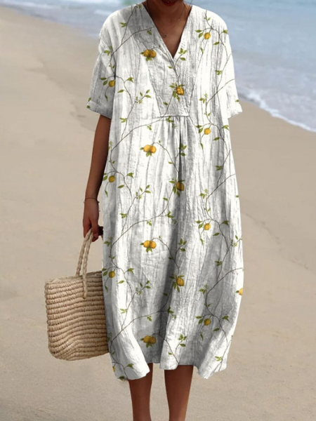 Dames Midi Jurk Korte Mouw met V-hals en Bloemenprint