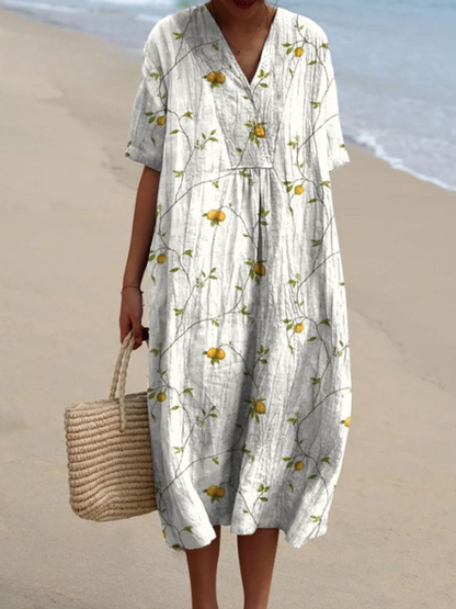 Dames Midi Jurk Korte Mouw met V-hals en Bloemenprint