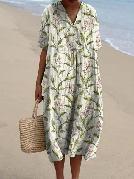 Dames Midi Jurk Korte Mouw met V-hals en Bloemenprint