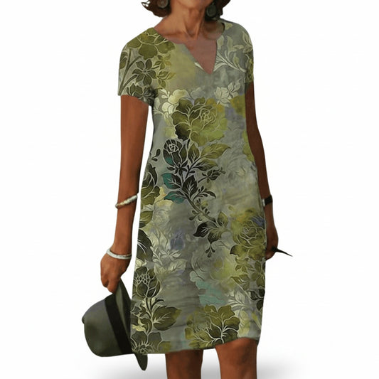 Dames Midi Jurk Korte Mouw met V-hals en Bloemenprint