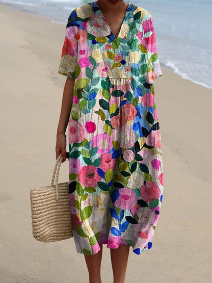 Dames Midi Jurk Korte Mouw met V-hals en Bloemenprint Roze Blauw Groen
