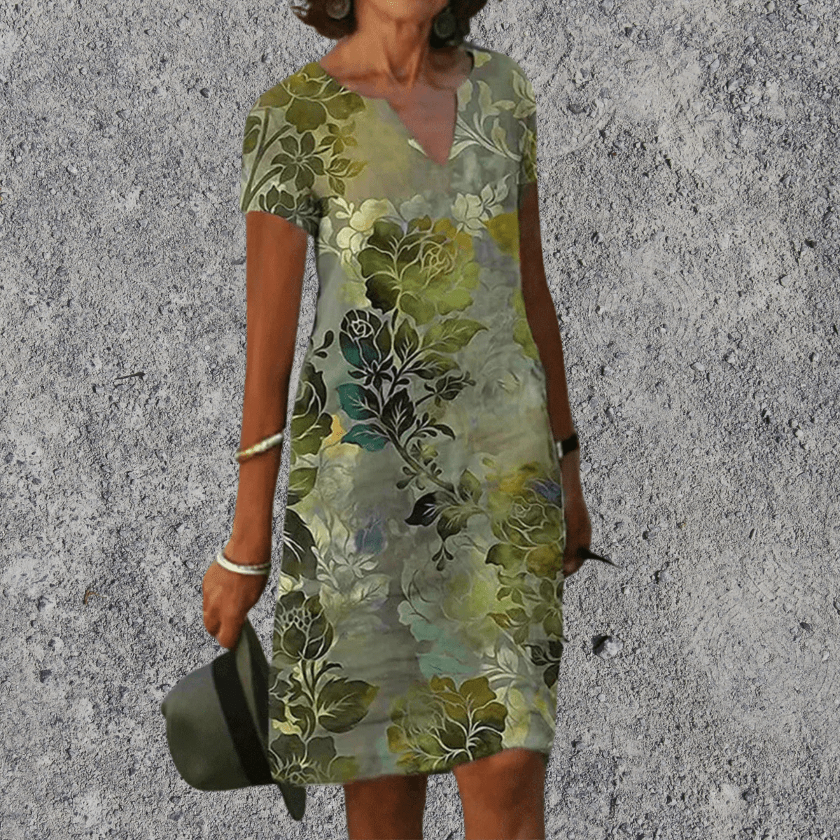 Dames Midi Jurk Korte Mouw met V-hals en Bloemenprint Natuur groen