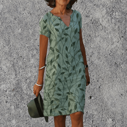 Dames Midi Jurk Korte Mouw met V-hals en Bloemenprint Donker groen