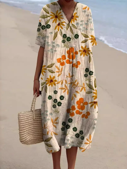 Dames Midi Jurk Korte Mouw met V-hals en Bloemenprint Wit Oranje Bloemen