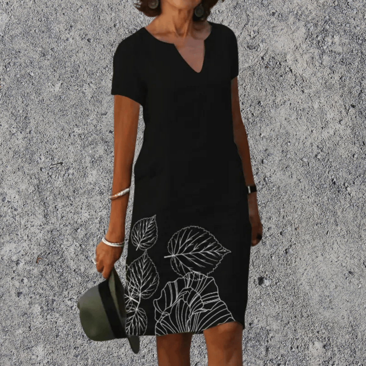 Dames Midi Jurk Korte Mouw met V-hals en Bloemenprint Zwart
