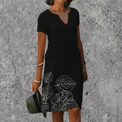 Dames Midi Jurk Korte Mouw met V-hals en Bloemenprint Zwart
