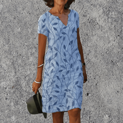 Dames Midi Jurk Korte Mouw met V-hals en Bloemenprint Lichtblauw