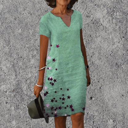 Dames Midi Jurk Korte Mouw met V-hals en Bloemenprint Licht groen