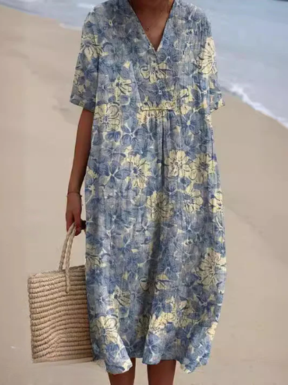 Dames Midi Jurk Korte Mouw met V-hals en Bloemenprint Blauw Goud Bloemen