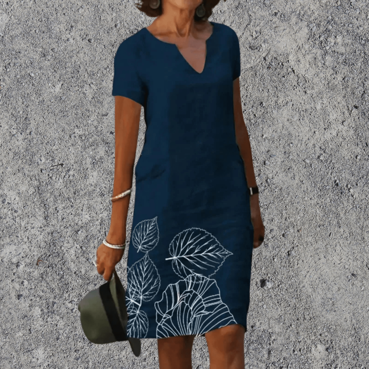 Dames Midi Jurk Korte Mouw met V-hals en Bloemenprint Donkerblauw