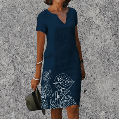 Dames Midi Jurk Korte Mouw met V-hals en Bloemenprint Donkerblauw