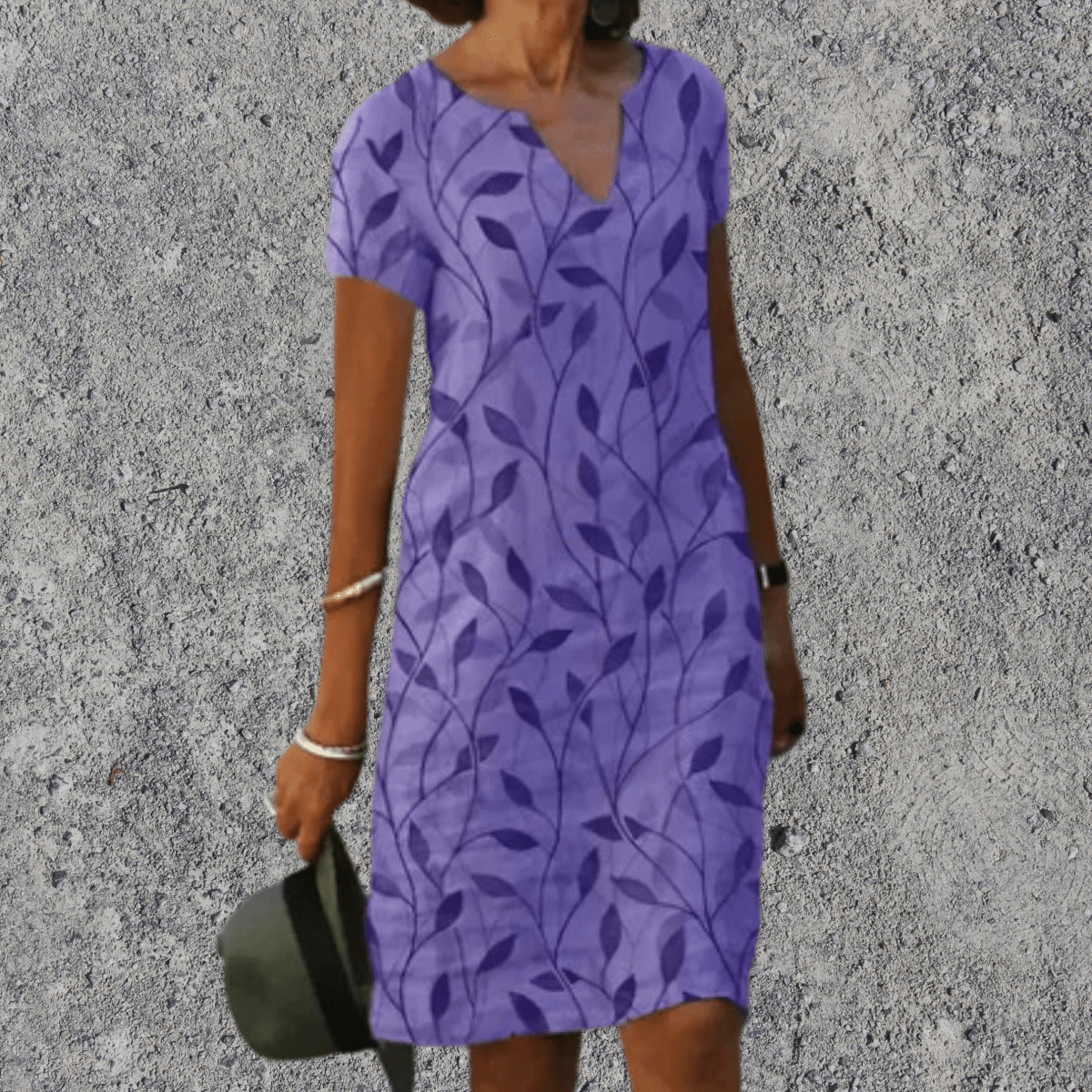 Dames Midi Jurk Korte Mouw met V-hals en Bloemenprint Paars
