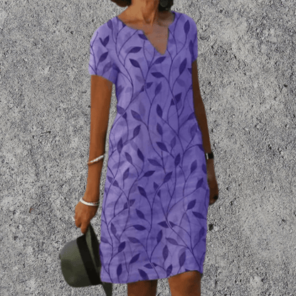 Dames Midi Jurk Korte Mouw met V-hals en Bloemenprint Paars