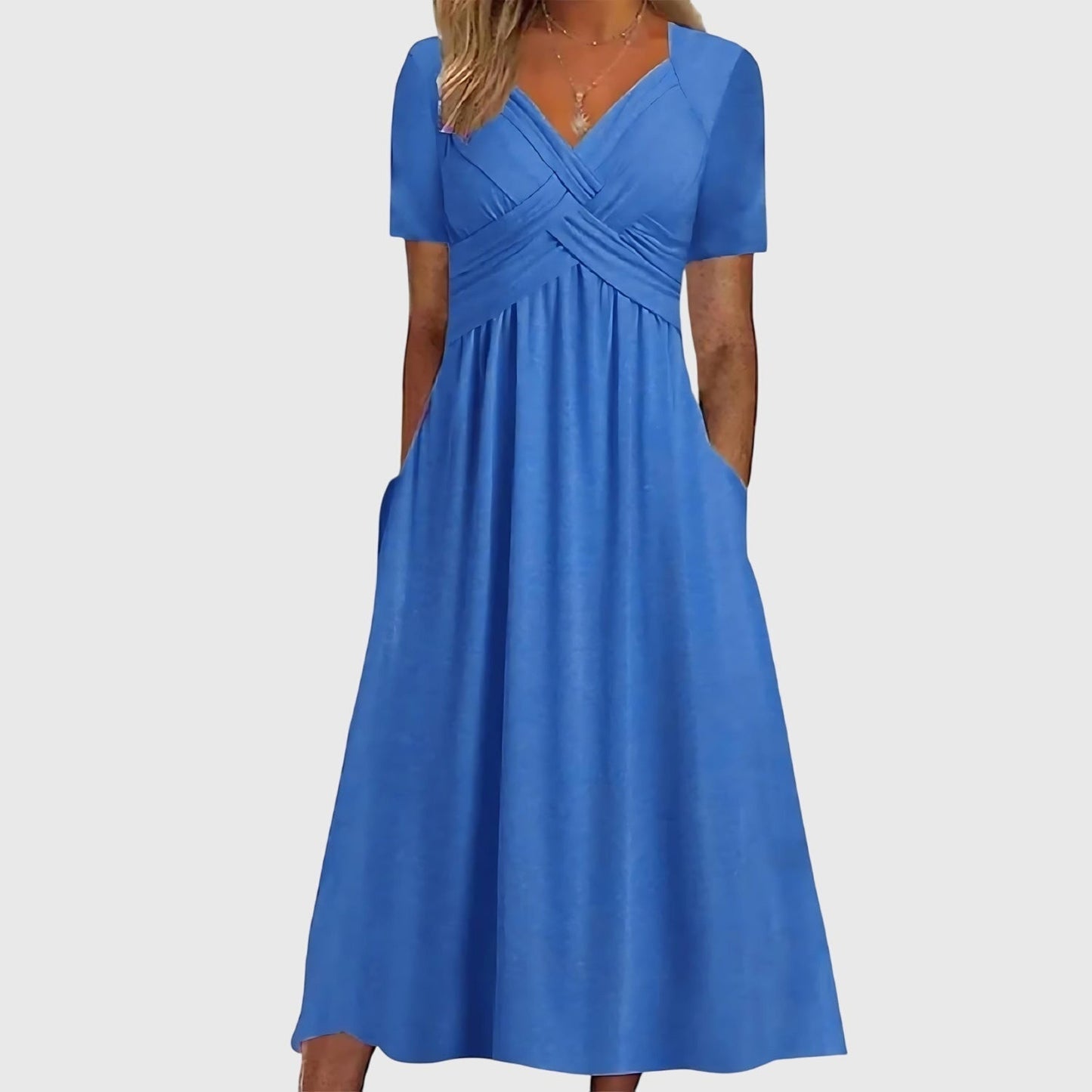 Dames Midi Jurk Korte Mouw met V-hals en Gekruiste Borst en Zijzakken Blauw