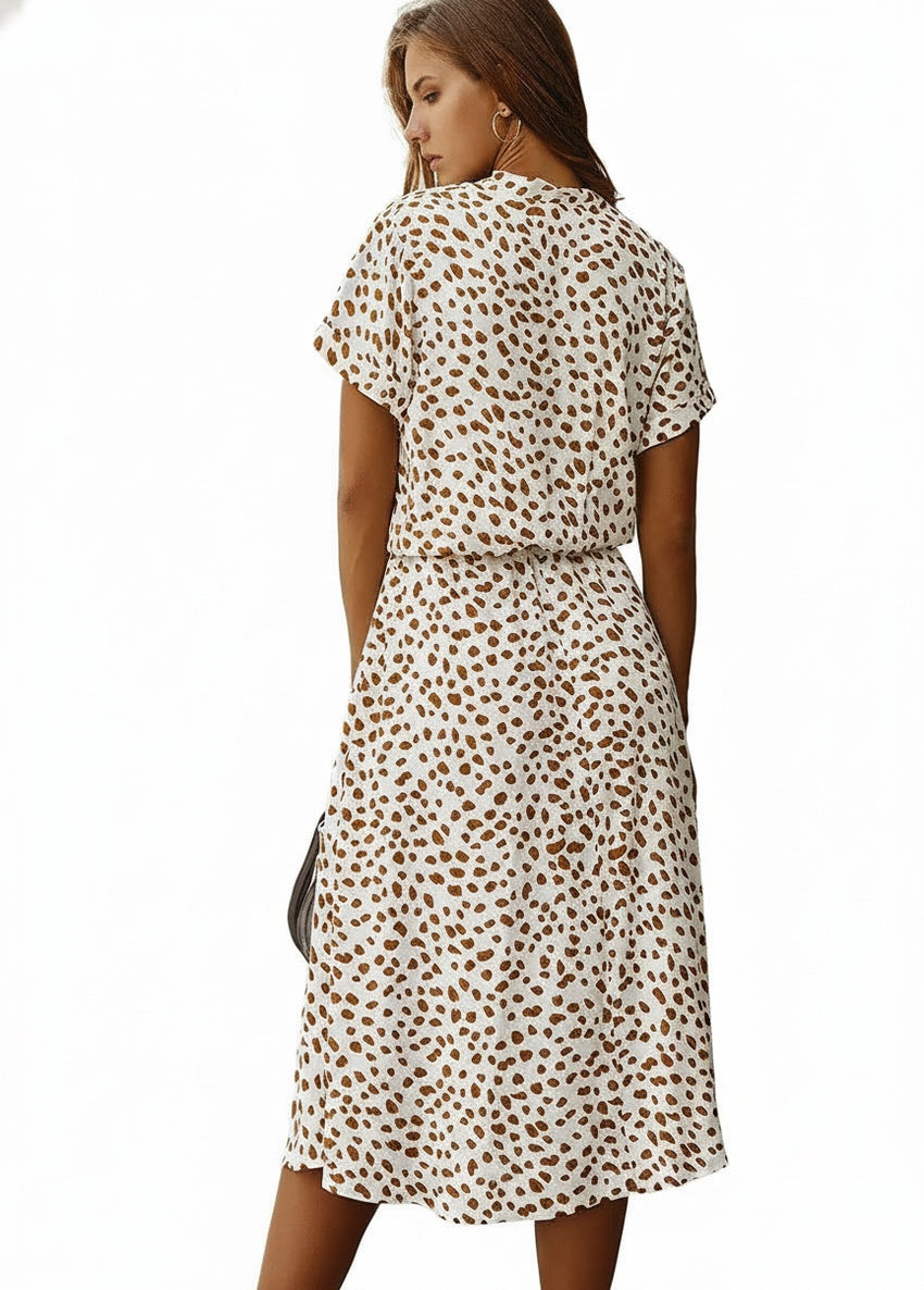 Dames Midi Jurk Korte Mouw met V-hals en Stippenprint