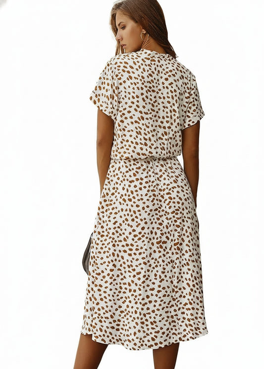Dames Midi Jurk Korte Mouw met V-hals en Stippenprint
