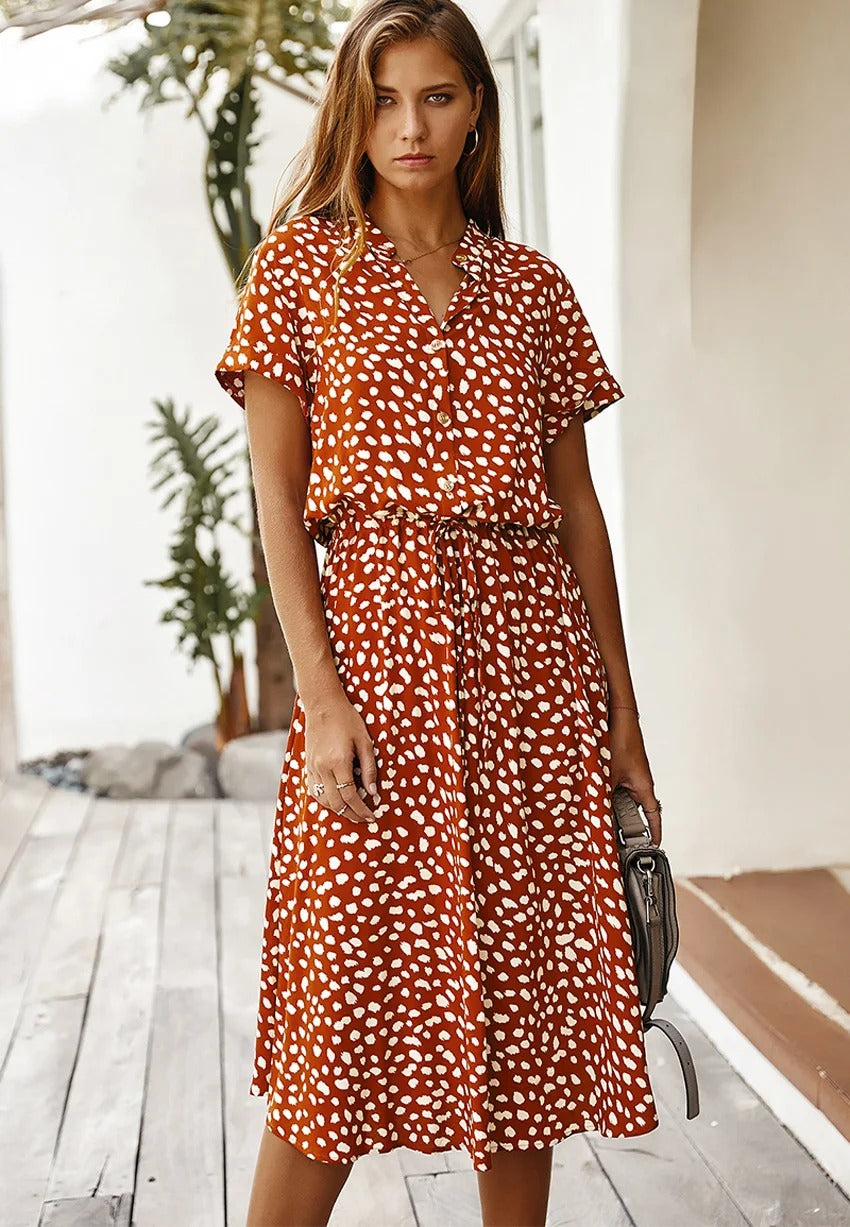 Dames Midi Jurk Korte Mouw met V-hals en Stippenprint Oranje rood
