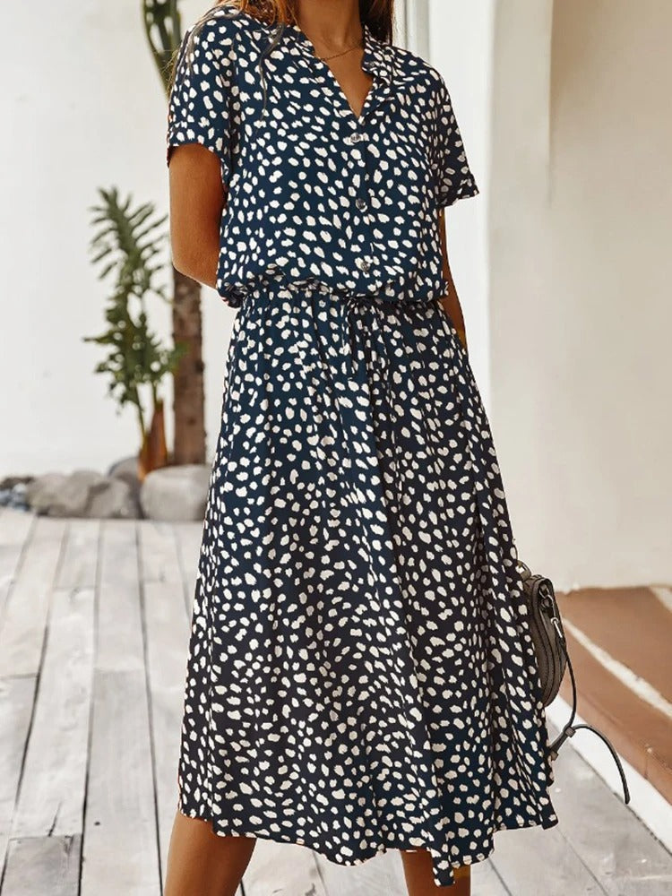 Dames Midi Jurk Korte Mouw met V-hals en Stippenprint Marineblauw