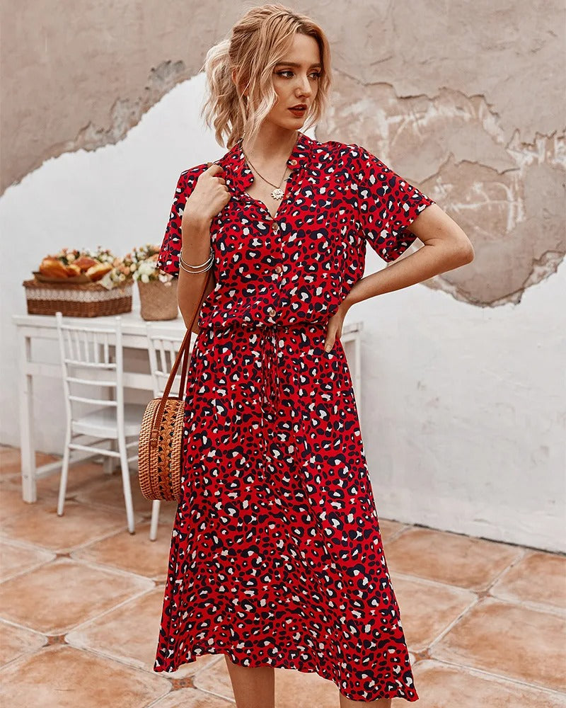 Dames Midi Jurk Korte Mouw met V-hals en Stippenprint Rood