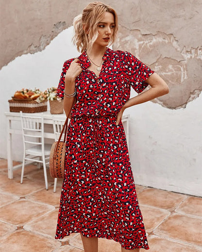 Dames Midi Jurk Korte Mouw met V-hals en Stippenprint Rood