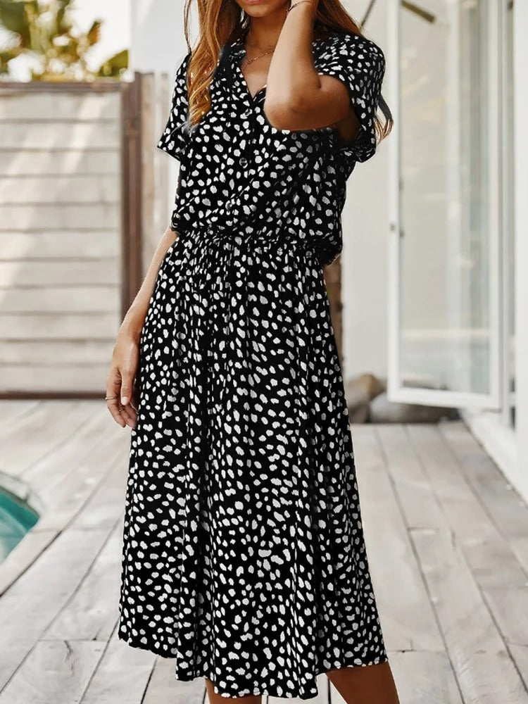 Dames Midi Jurk Korte Mouw met V-hals en Stippenprint Zwart
