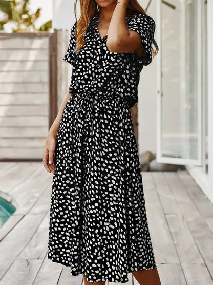 Dames Midi Jurk Korte Mouw met V-hals en Stippenprint Zwart