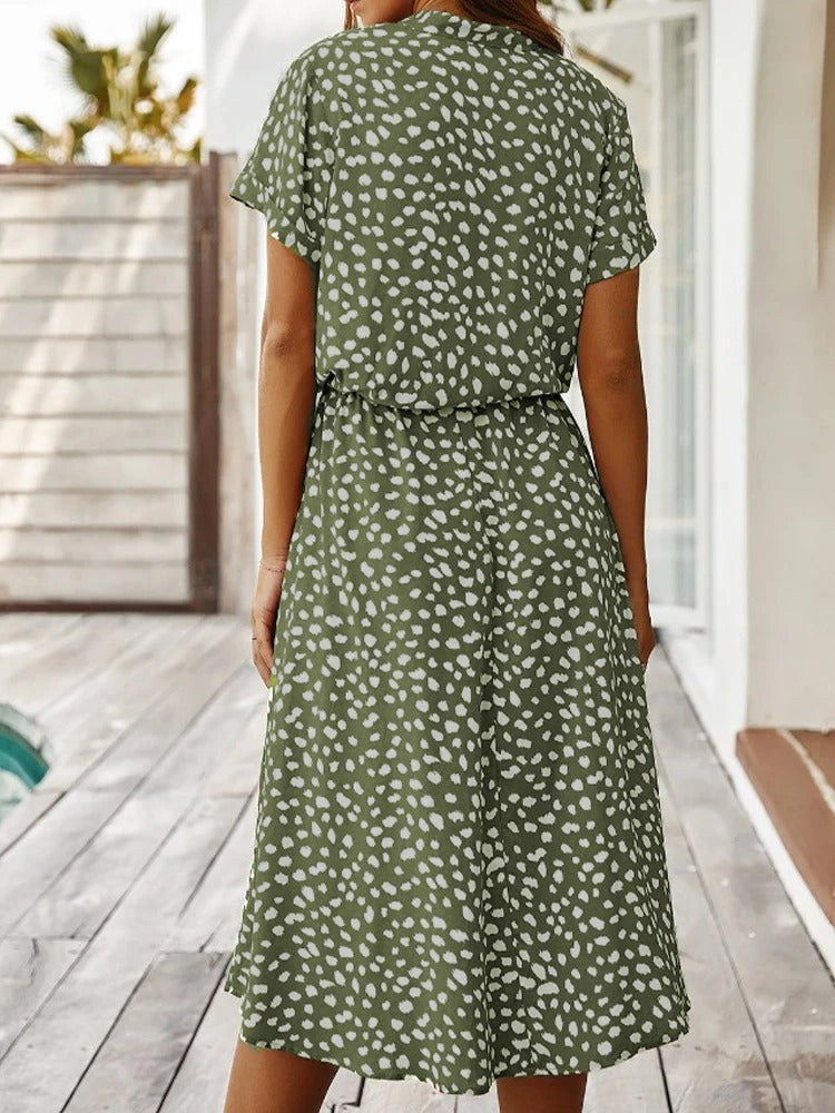 Dames Midi Jurk Korte Mouw met V-hals en Stippenprint