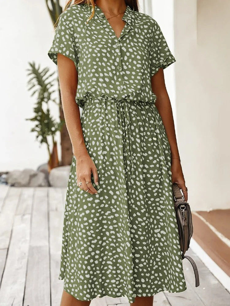 Dames Midi Jurk Korte Mouw met V-hals en Stippenprint