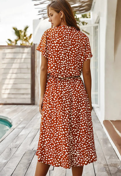 Dames Midi Jurk Korte Mouw met V-hals en Stippenprint