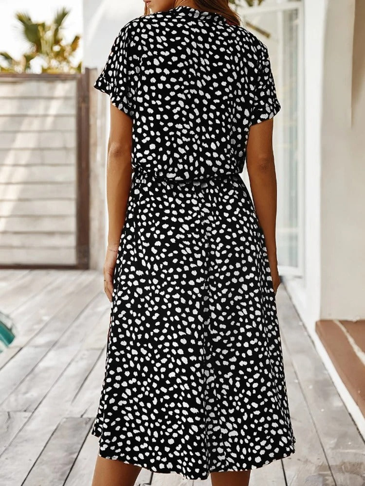 Dames Midi Jurk Korte Mouw met V-hals en Stippenprint