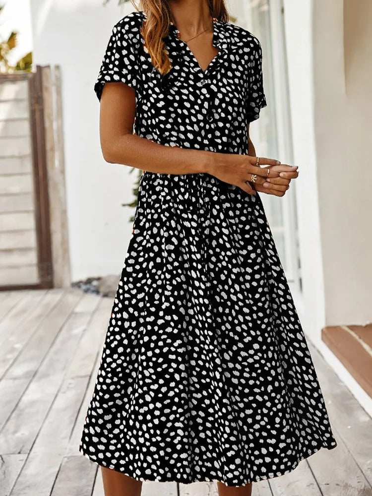 Dames Midi Jurk Korte Mouw met V-hals en Stippenprint