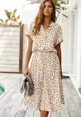 Dames Midi Jurk Korte Mouw met V-hals en Stippenprint