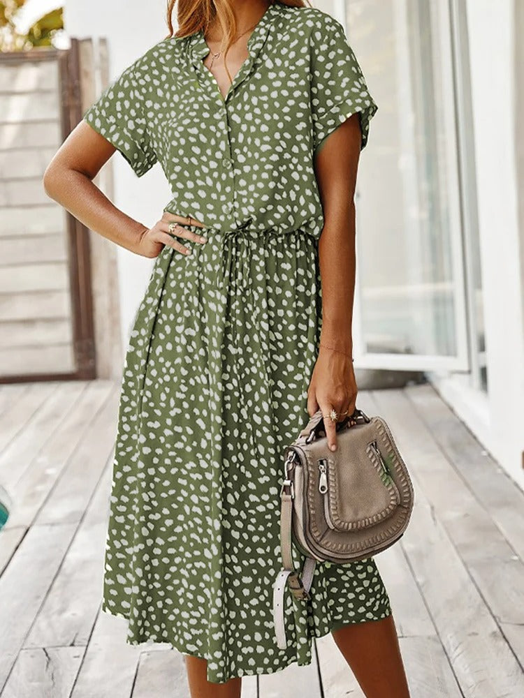 Dames Midi Jurk Korte Mouw met V-hals en Stippenprint Groen