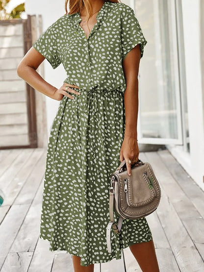 Dames Midi Jurk Korte Mouw met V-hals en Stippenprint Groen