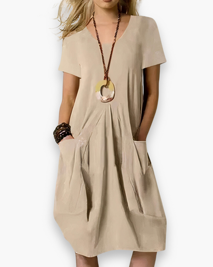 Dames Midi Jurk Korte Mouw met V-hals en Wijde Pasvorm Beige