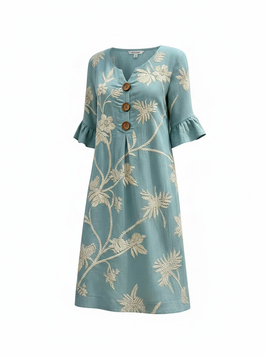 Dames Midi Jurk met Bloemenborduursels, V-hals en Ruches Mouwen
