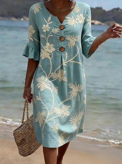 Dames Midi Jurk met Bloemenborduursels, V-hals en Ruches Mouwen Blauw