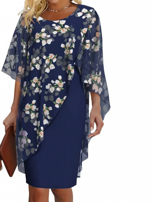 Dames Midi Jurk met Bloemenprint en Transparante Overlay Donkerblauw
