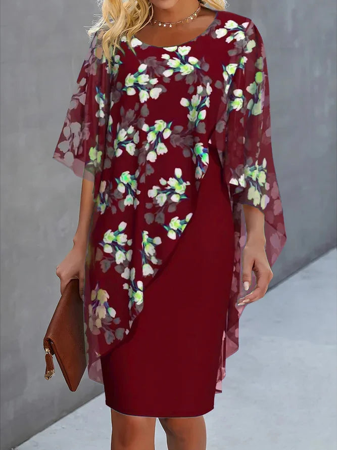 Dames Midi Jurk met Bloemenprint en Transparante Overlay Bordeauxrood