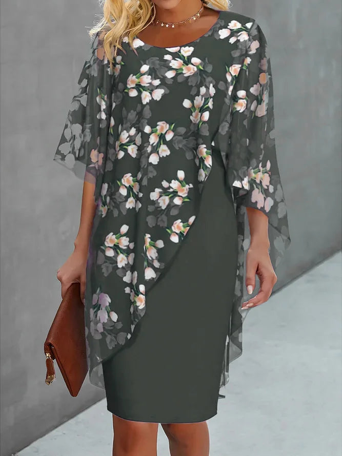Dames Midi Jurk met Bloemenprint en Transparante Overlay Donkergroen