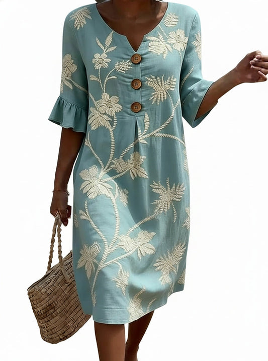Dames Midi Jurk met Bloemenprint, V-hals en Driekwart Mouw