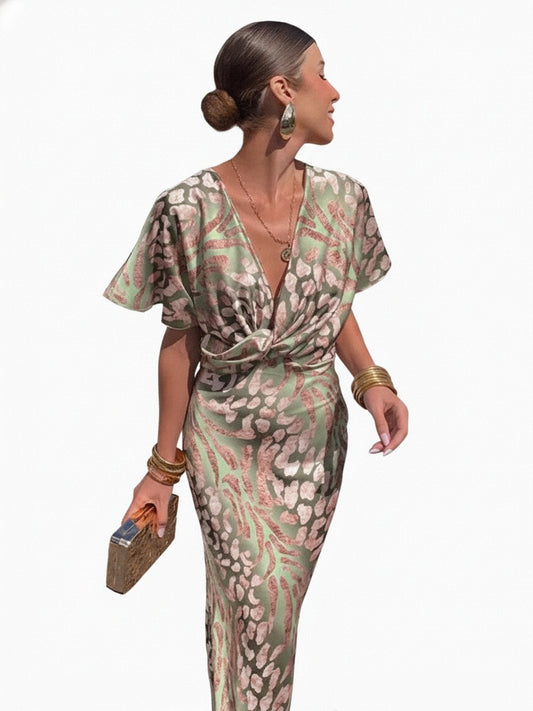 Dames Midi Jurk met Diepe V-hals en Korte Mouw met Twist-detail en Dierenprint