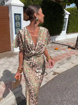 Dames Midi Jurk met Diepe V-hals en Korte Mouw met Twist-detail en Dierenprint